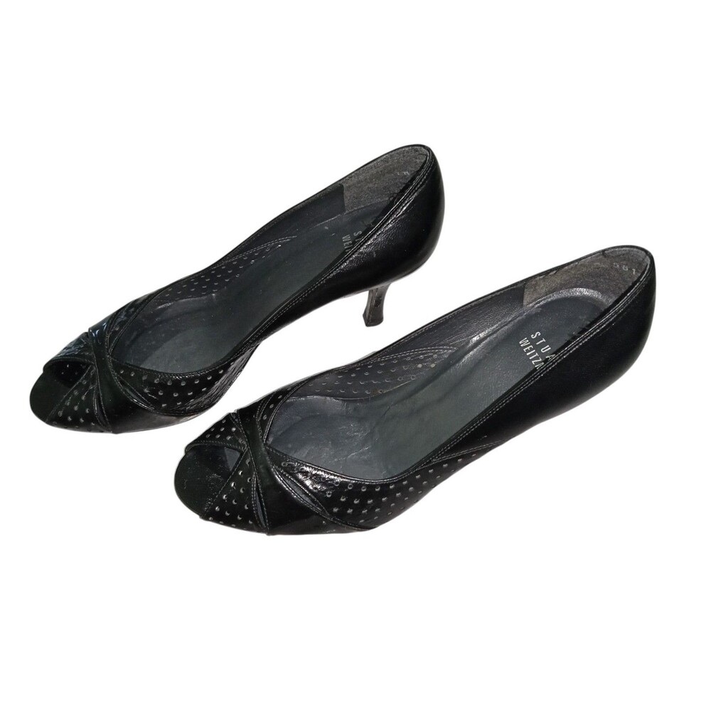 Vintage Stewart Weitzman Black Perforated Peep Toe Heels for Work, Parties - 7.5